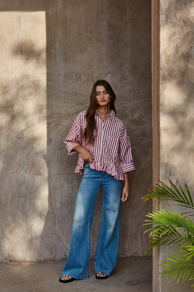 Woven Cotton Striped Button Down Shirt Top