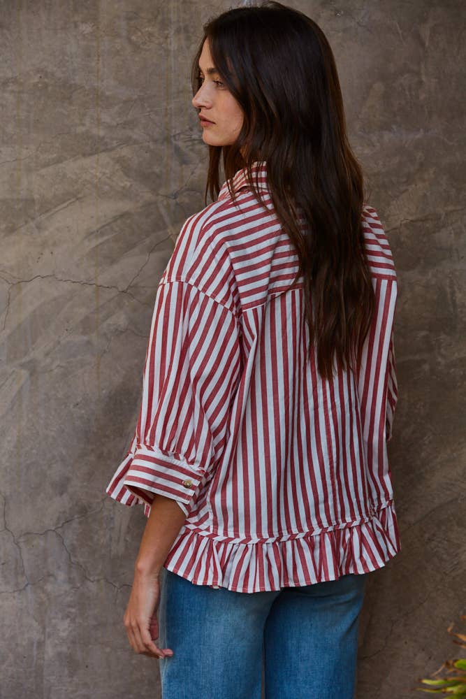 Woven Cotton Striped Button Down Shirt Top