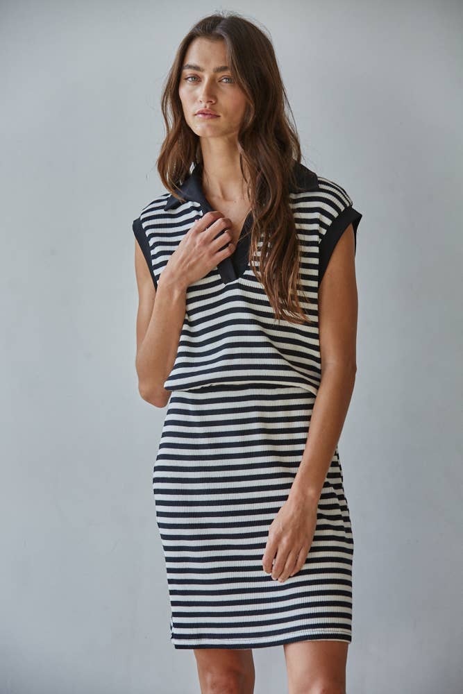 Knit Cotton Spandex Striped Ribbed V-Neck Polo Mini