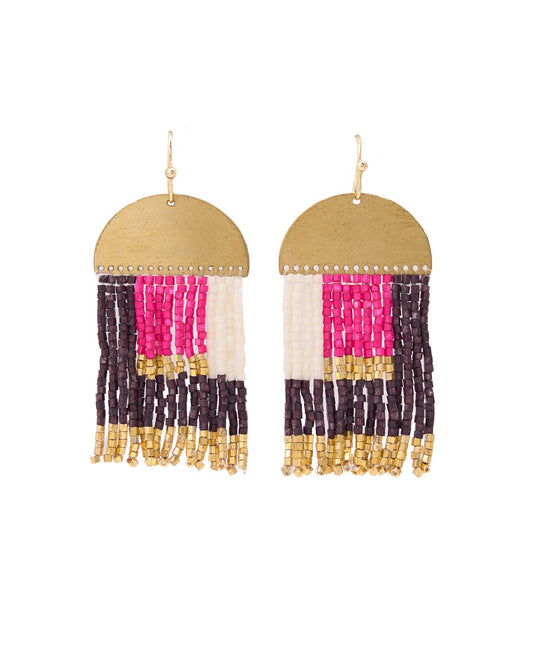 Birdie Geometric Beaded Fringe Earrings Pink, Brown, Ivory, + Gold