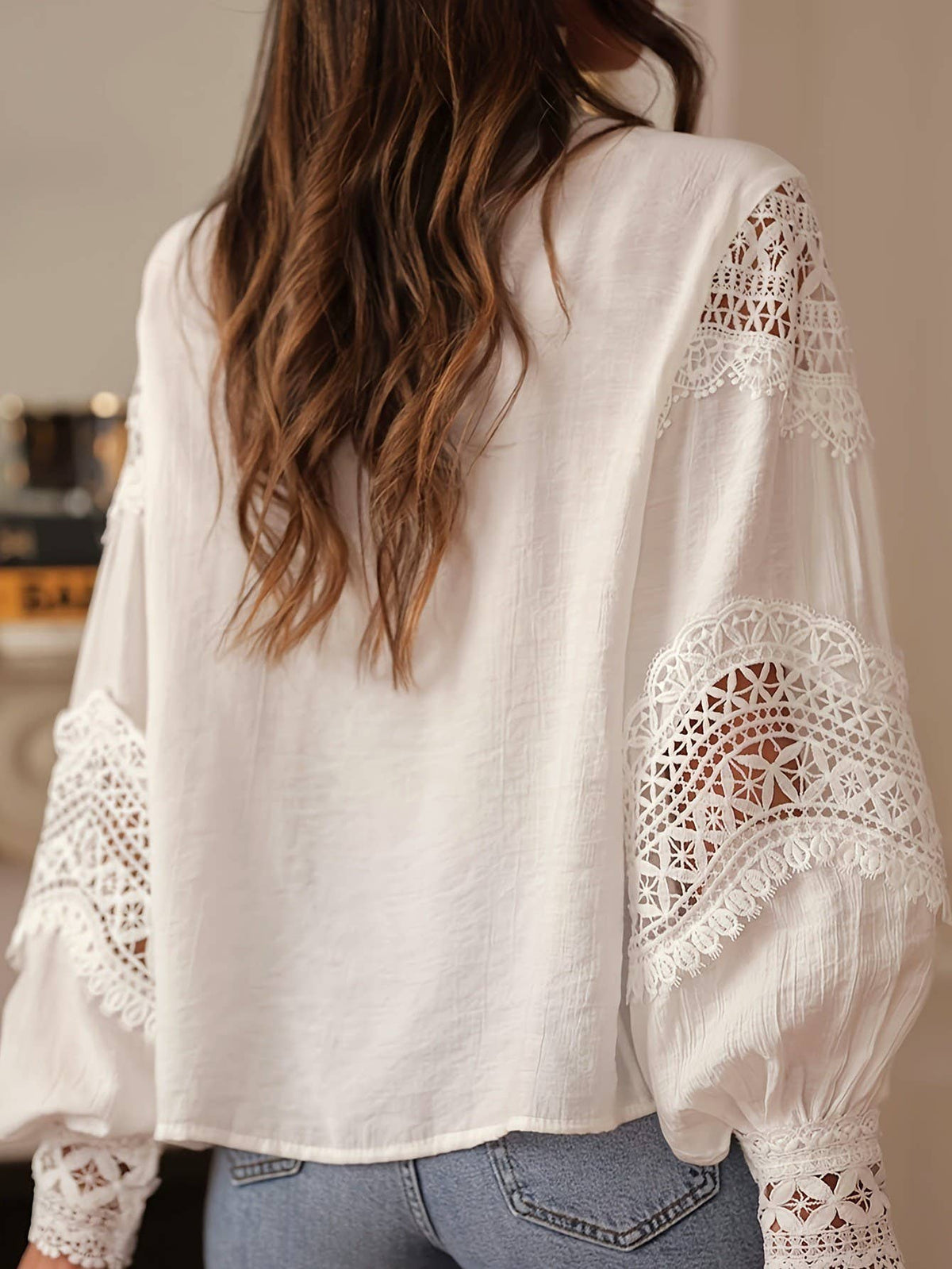 Lace Eyelet Crochet Flared Sleeve Blouse