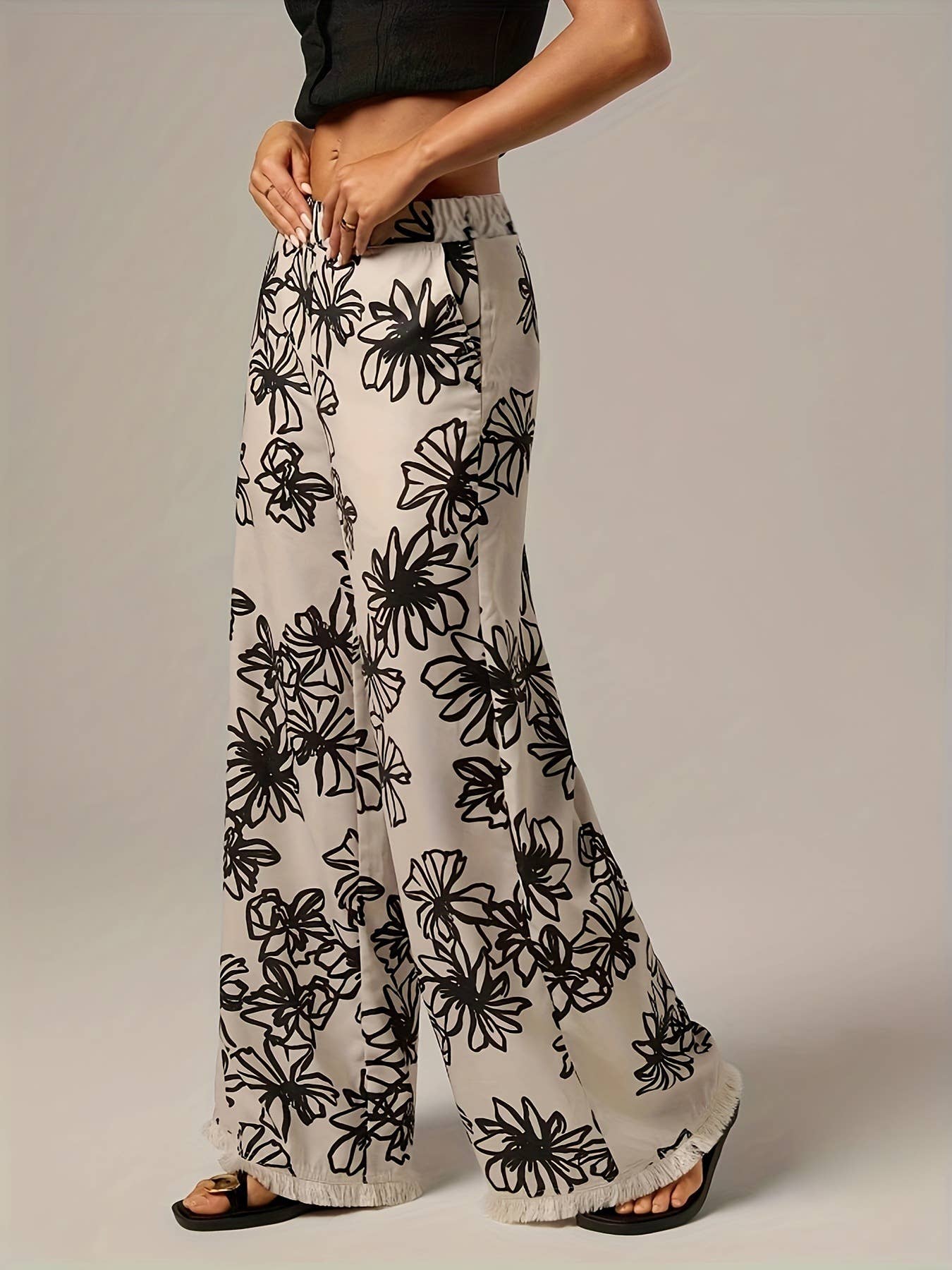 Vacay Boho Black Floral Print Fringe Hem Pants