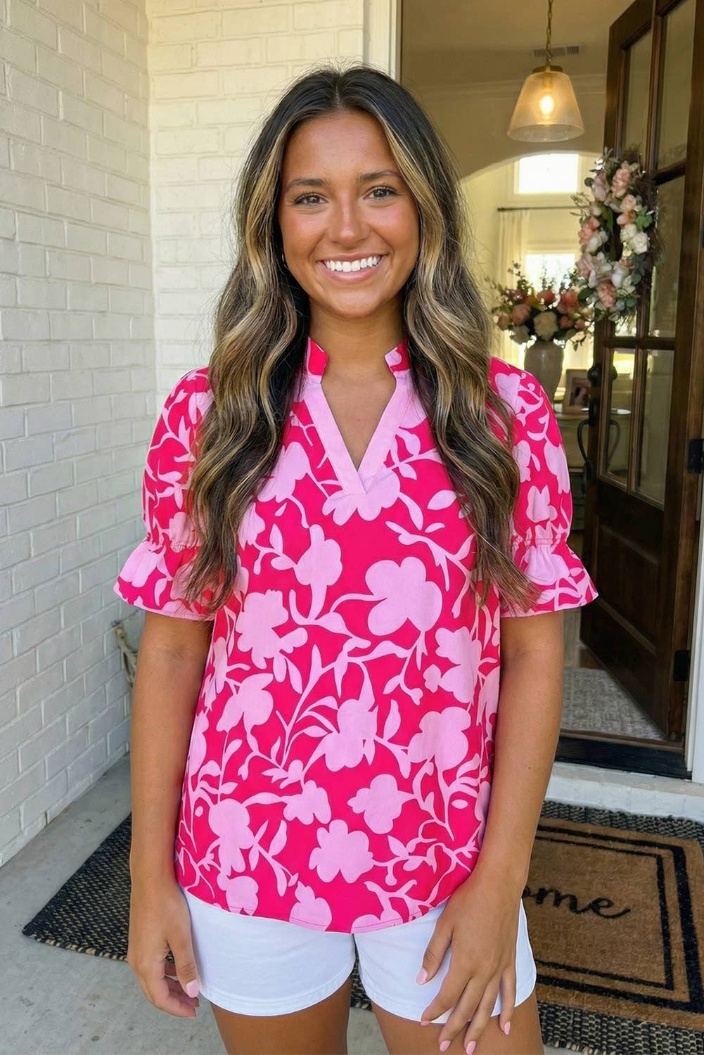 Floral Split V Neck Ruffled Blouse Top