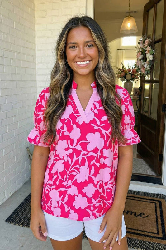Floral Split V Neck Ruffled Blouse Top