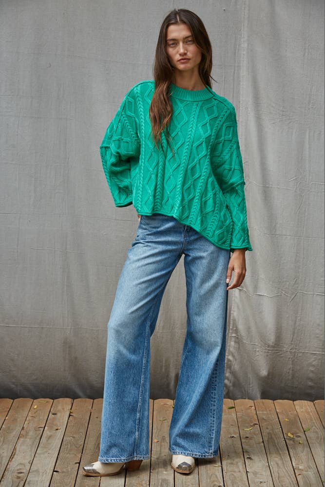 Knit Cable Sweater Cotton 3/4 Sleeve Pullover