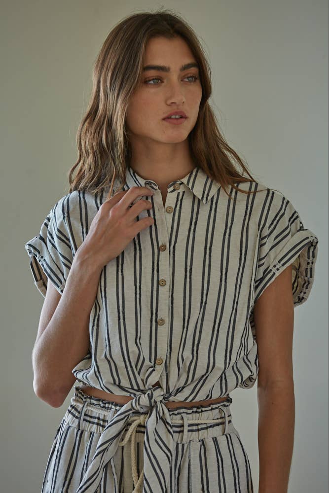 Striped Button Down Collar Neck Waist Tie Top