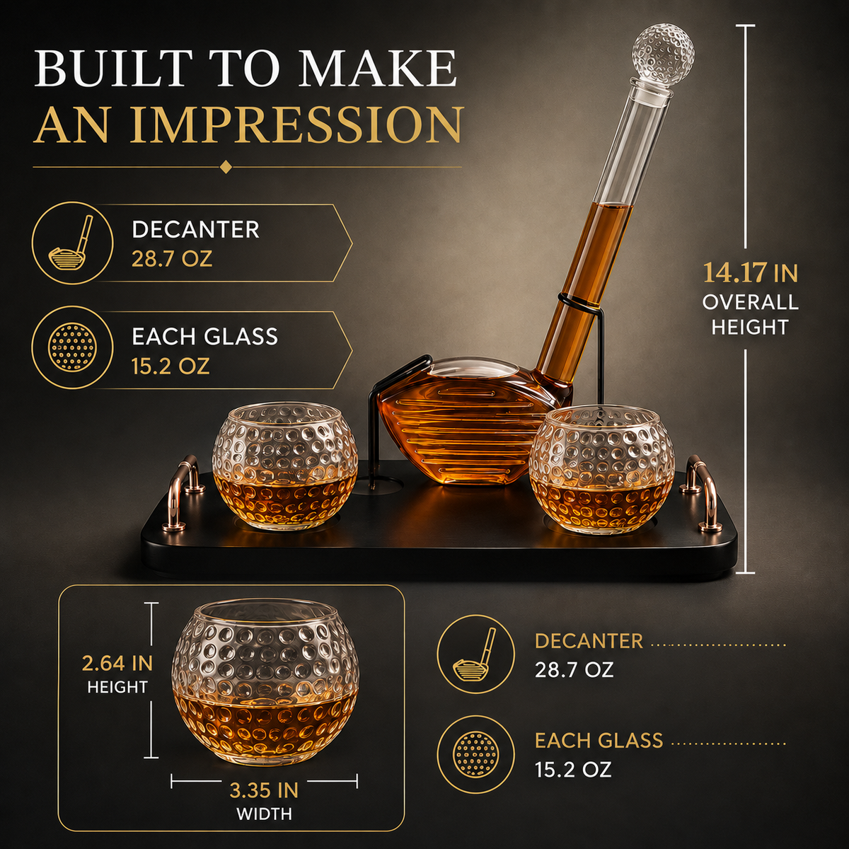 Golf Club Whiskey Decanter Set with 2 Crystal Glasses, 28.7