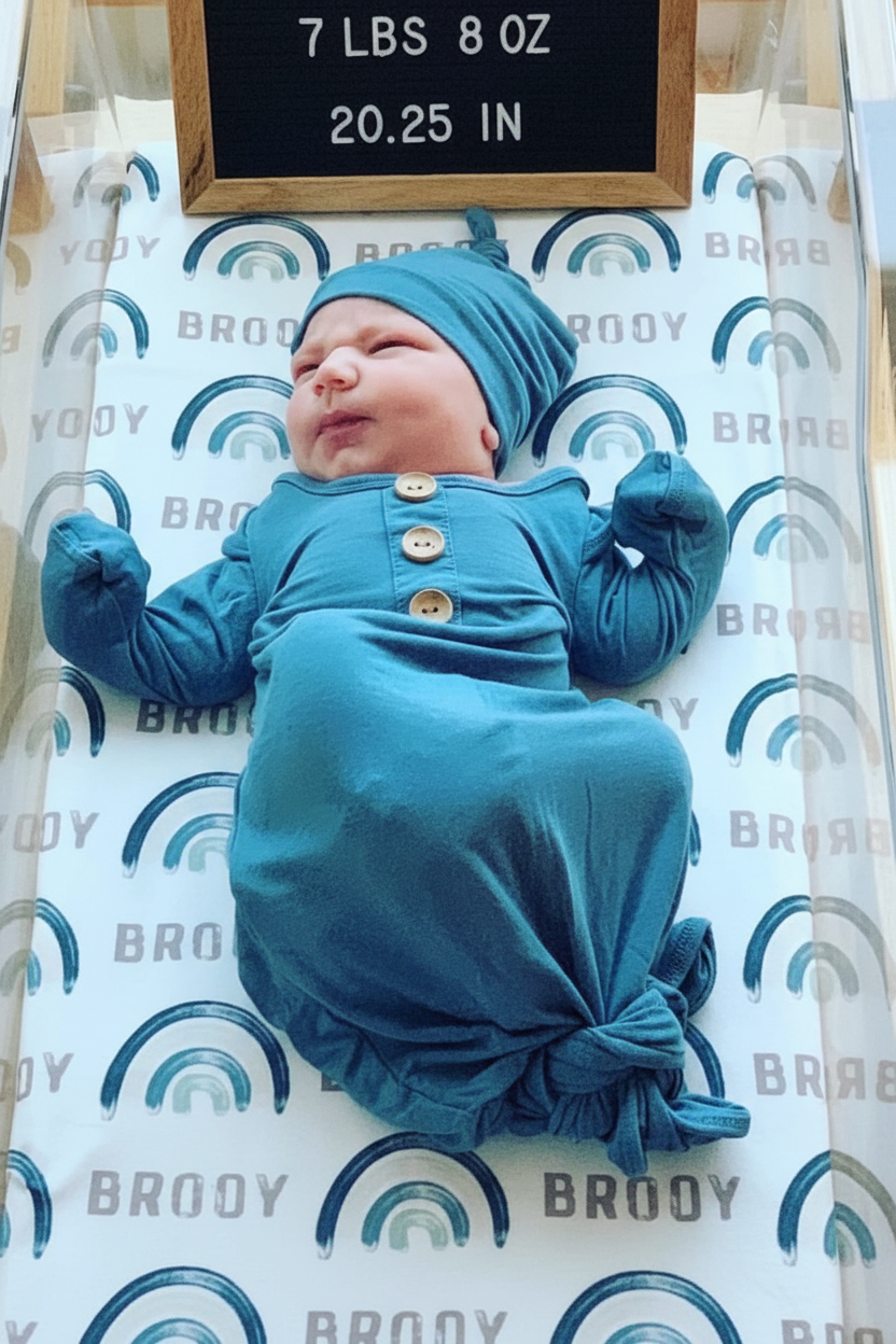 Solid Dusty Blue Bamboo Baby Knot Gown & Hat