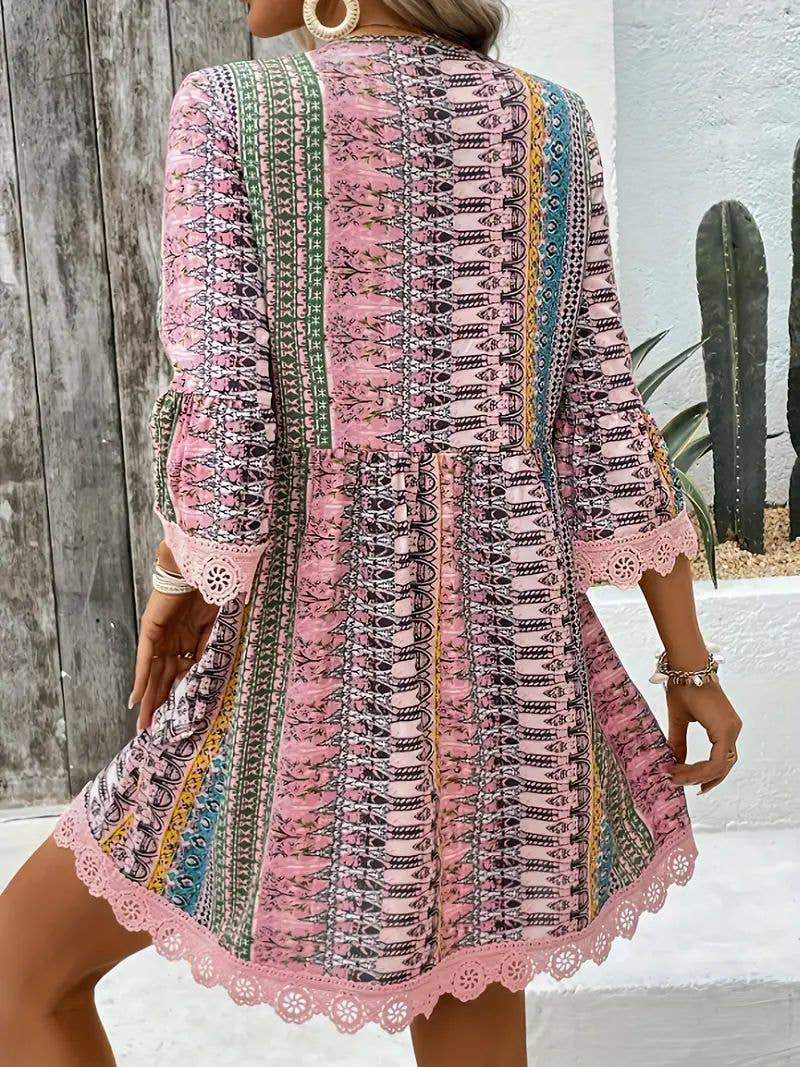 Bohemian Chic V-Neck Striped Print Lace Trim Dress