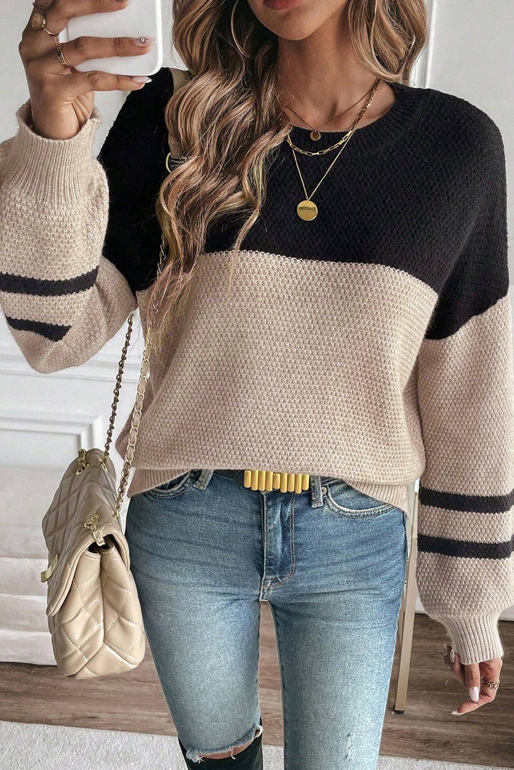 Color Block Knit Striped Sleeve Detail Casual Sweater