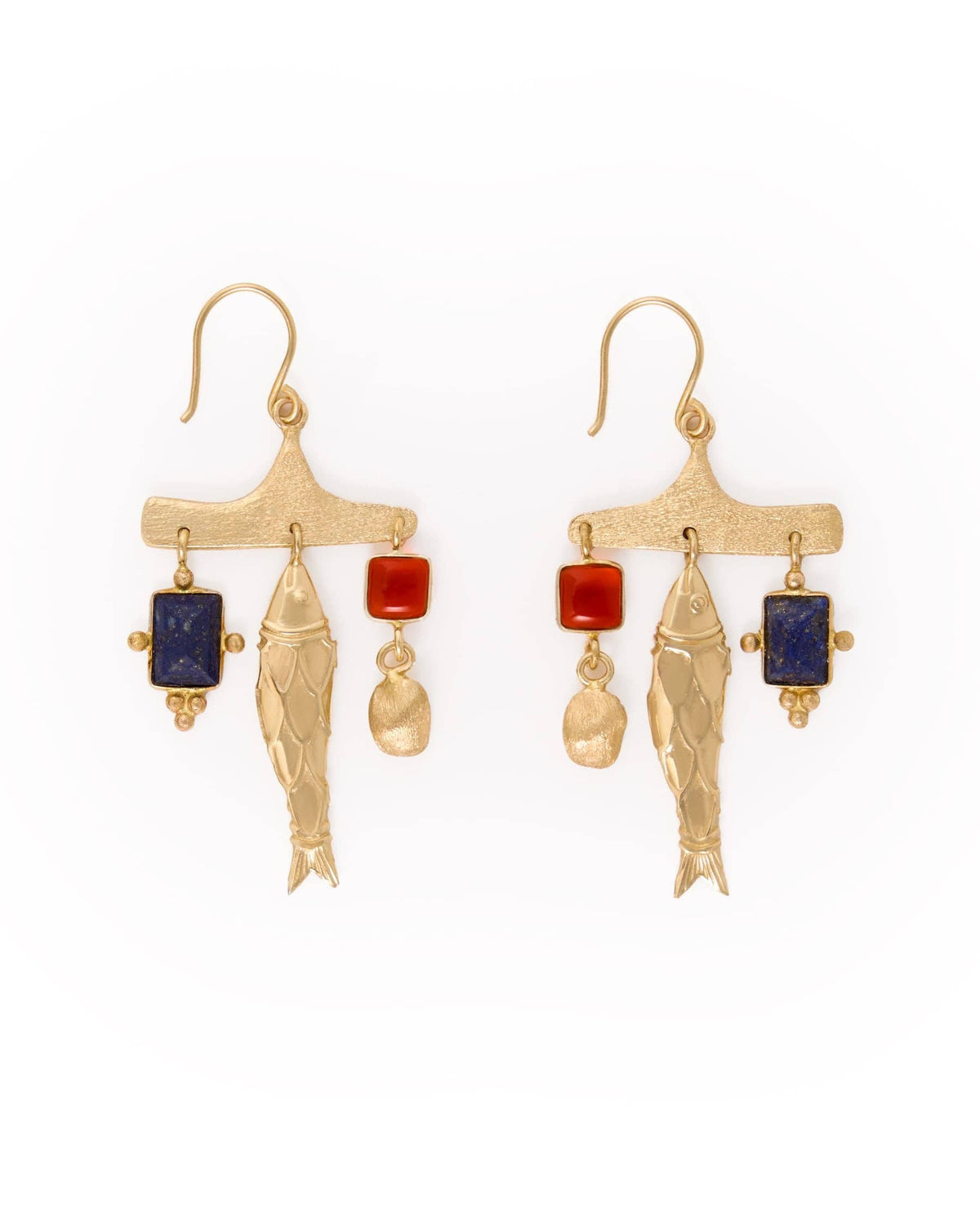 Sally Fish Glass + Lapis Stone Earrings Brass