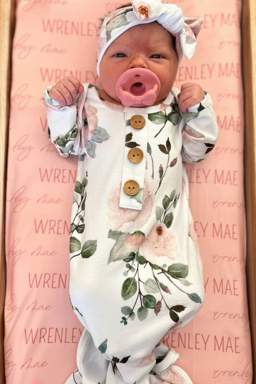 Millie's Dusty Rose Garden Newborn Baby Knot Gown & Hat Set