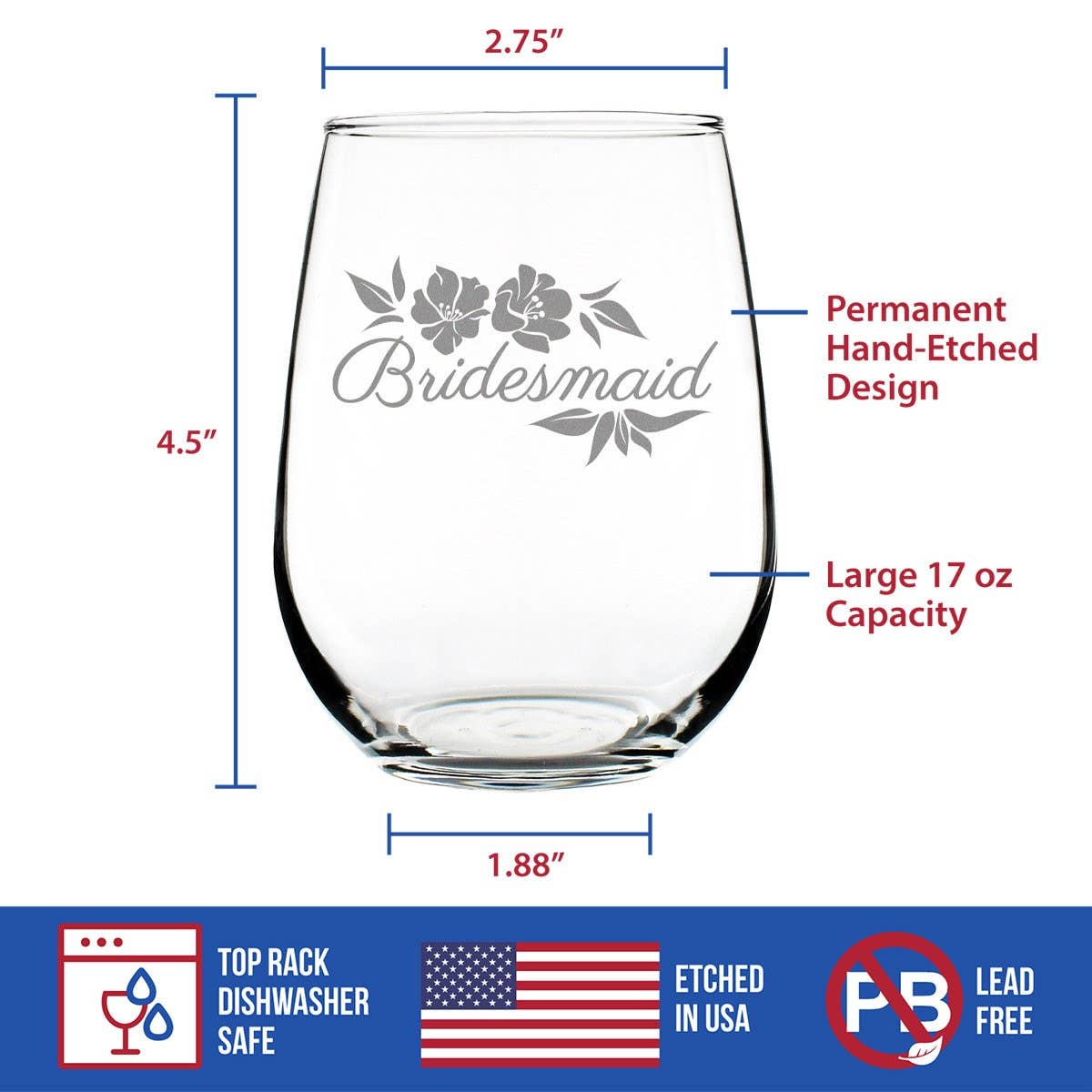 Wedding Bridesmaid Stemless Wine Glass