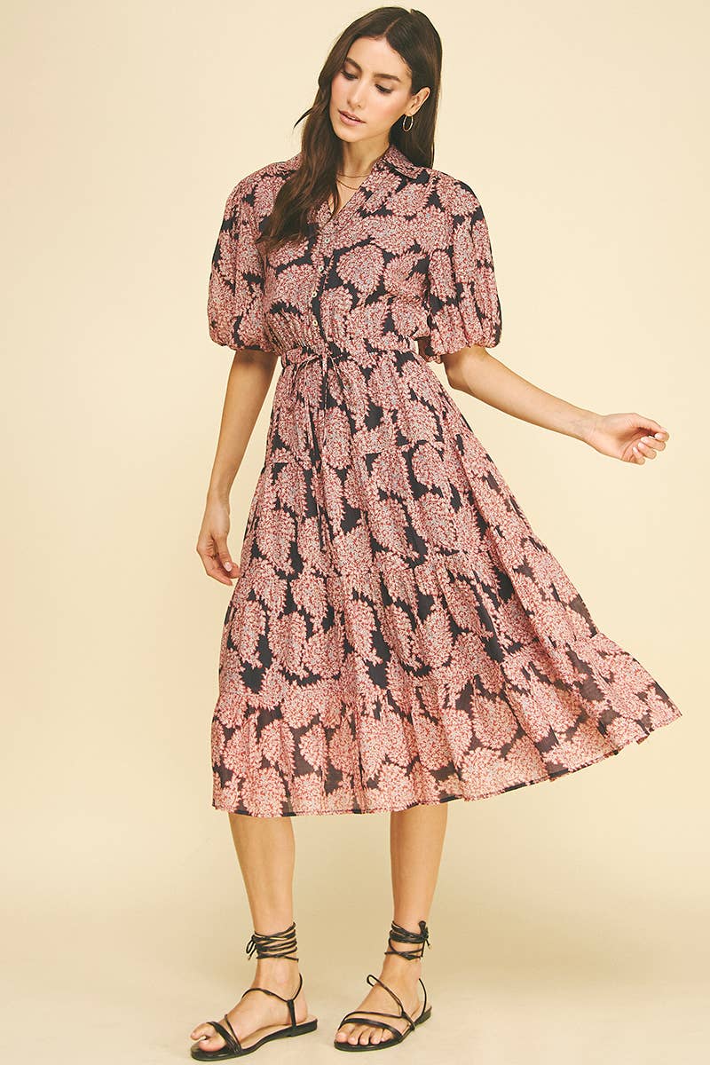 Floral Button Down Tiered Midi Dress