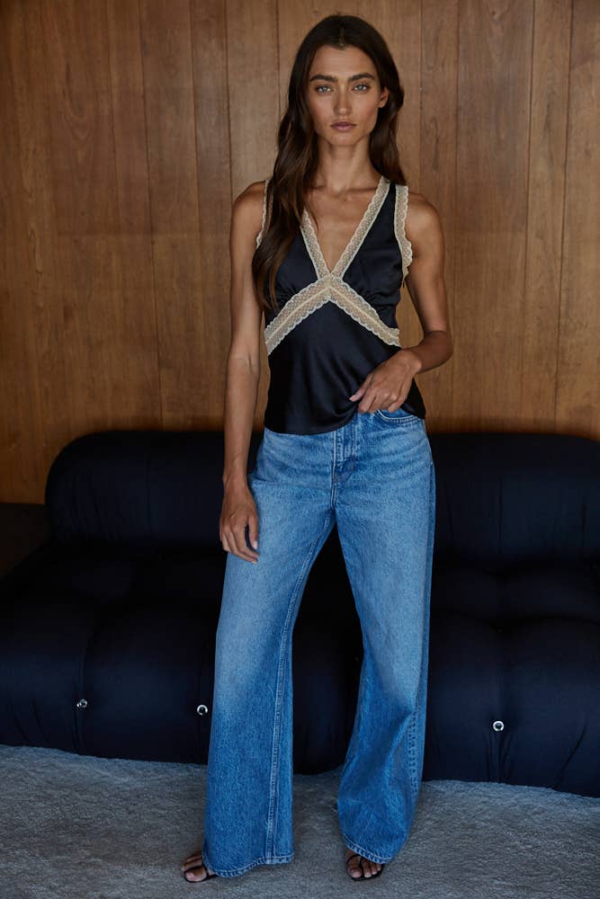 Woven Satin Contrast Lace Trim Detail Sleeveless Top