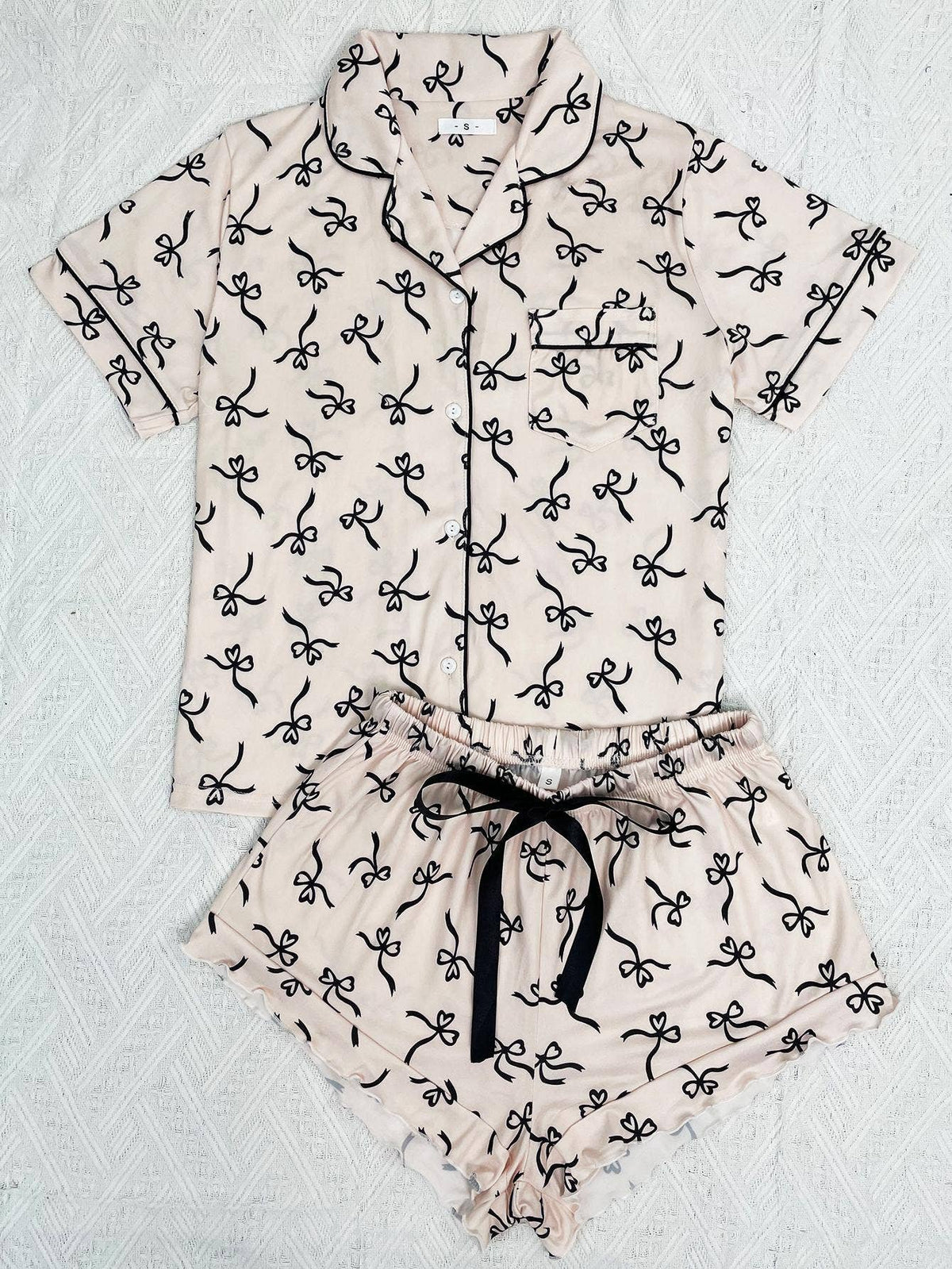 Bow Printed Basic Short-Sleeve Shorts Pajama Set