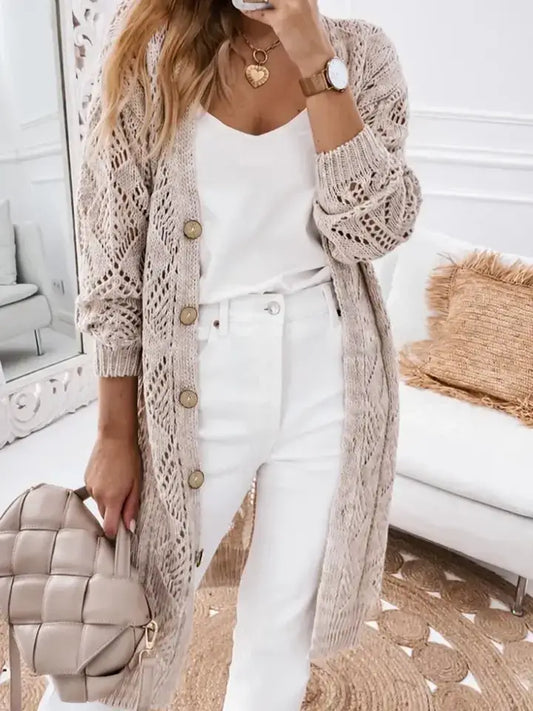 Khaki Openwork Long Knit Button Cardigan Sweater Layering