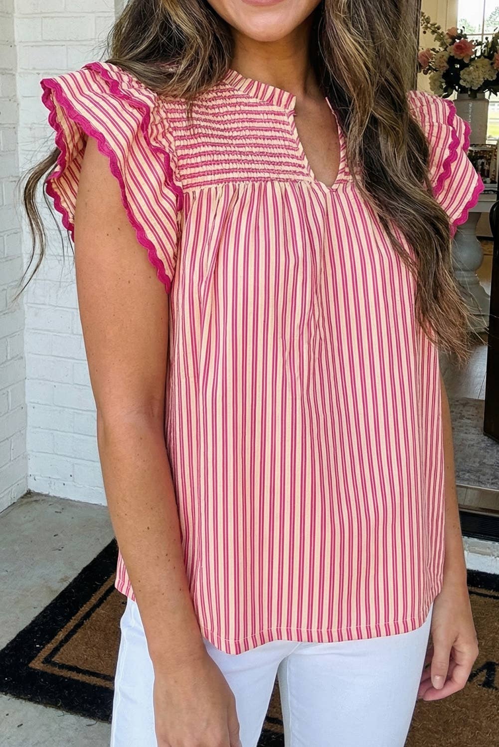 Stripe Shirred Yoke Ruffled Short Sleeve Blouse