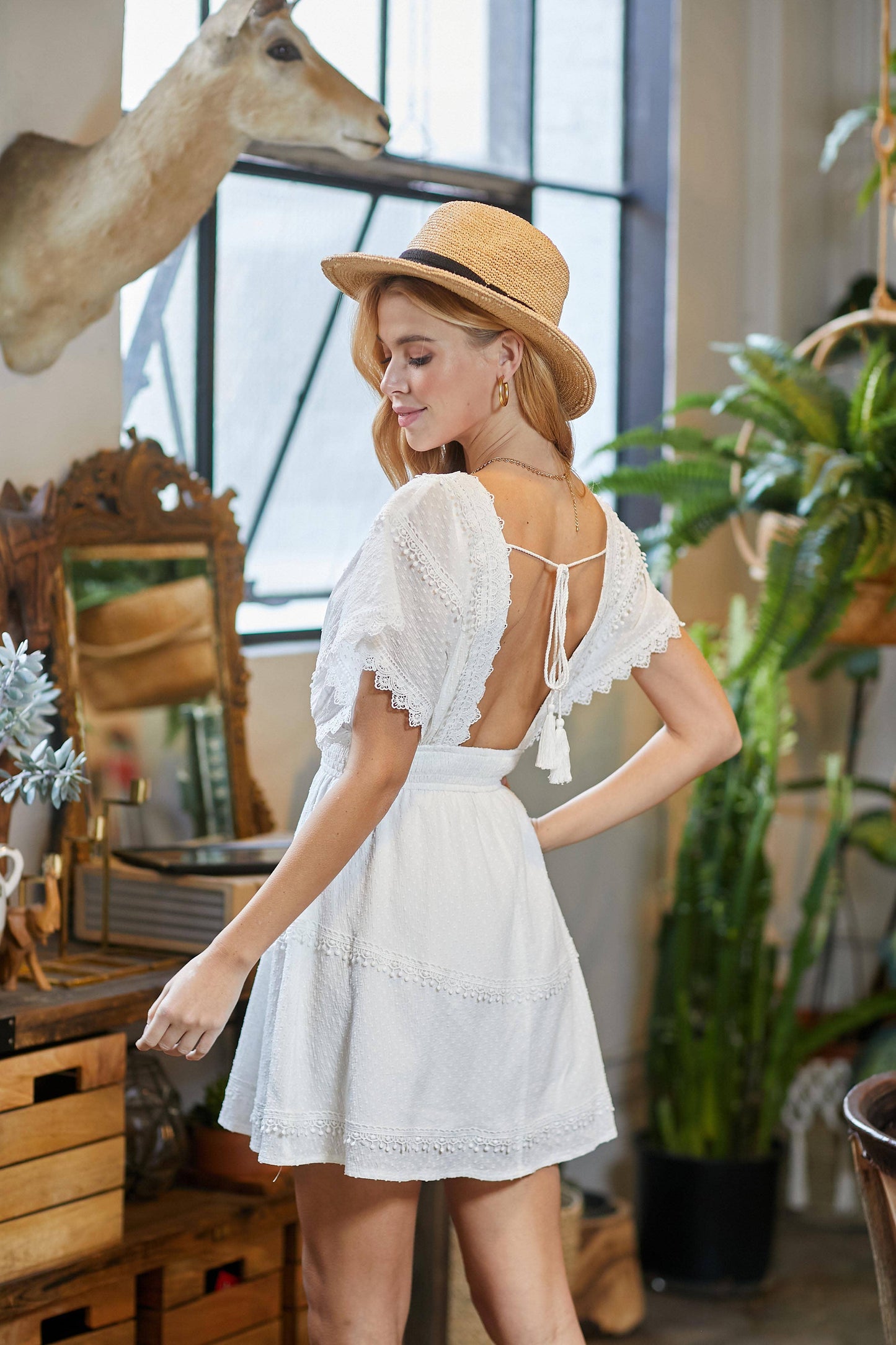 Casual V-Neck Woven Dress with Tassel Trim