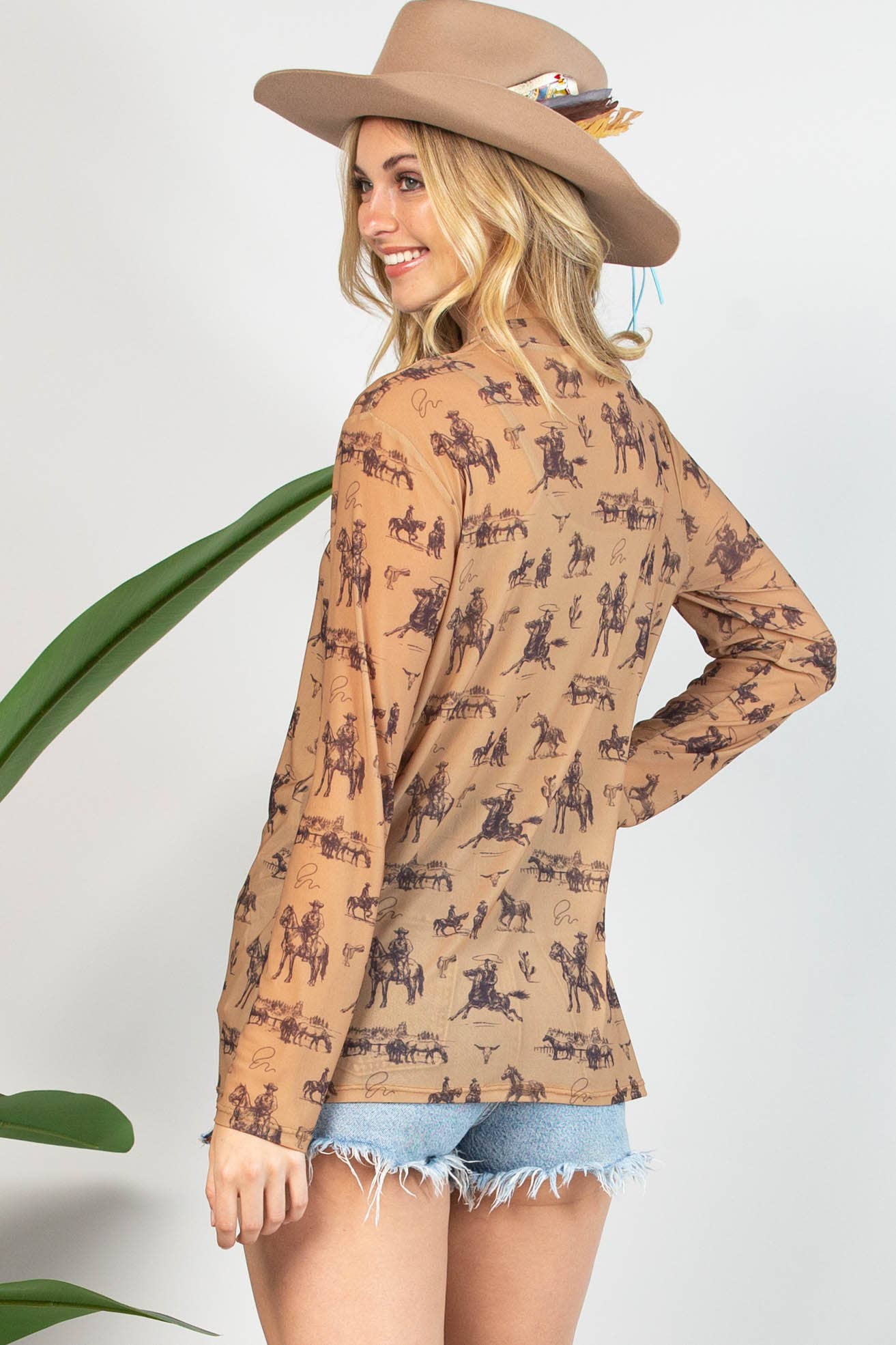 Isla Bucking Horses Print Semi Sheer Mesh Top