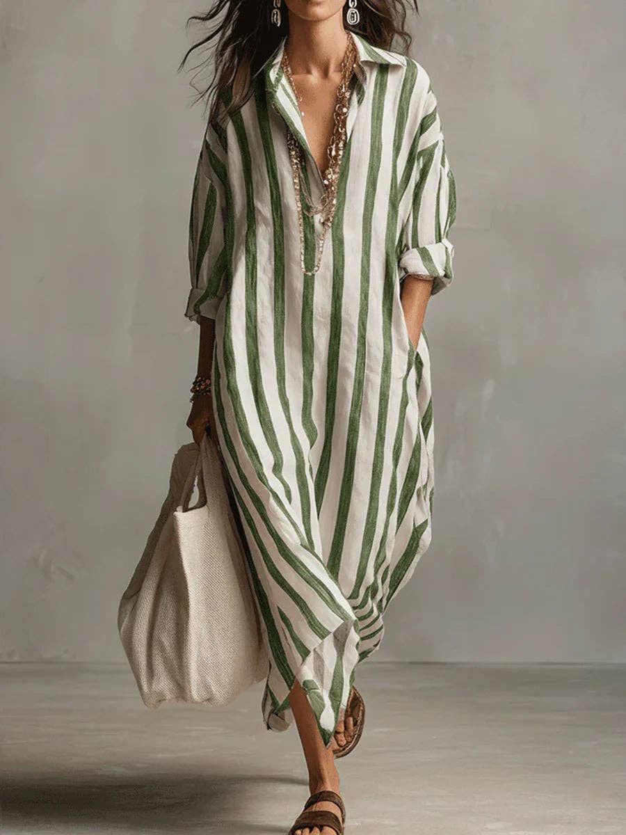 Fashionable Striped V-Neck Shirt Dress Casual Style