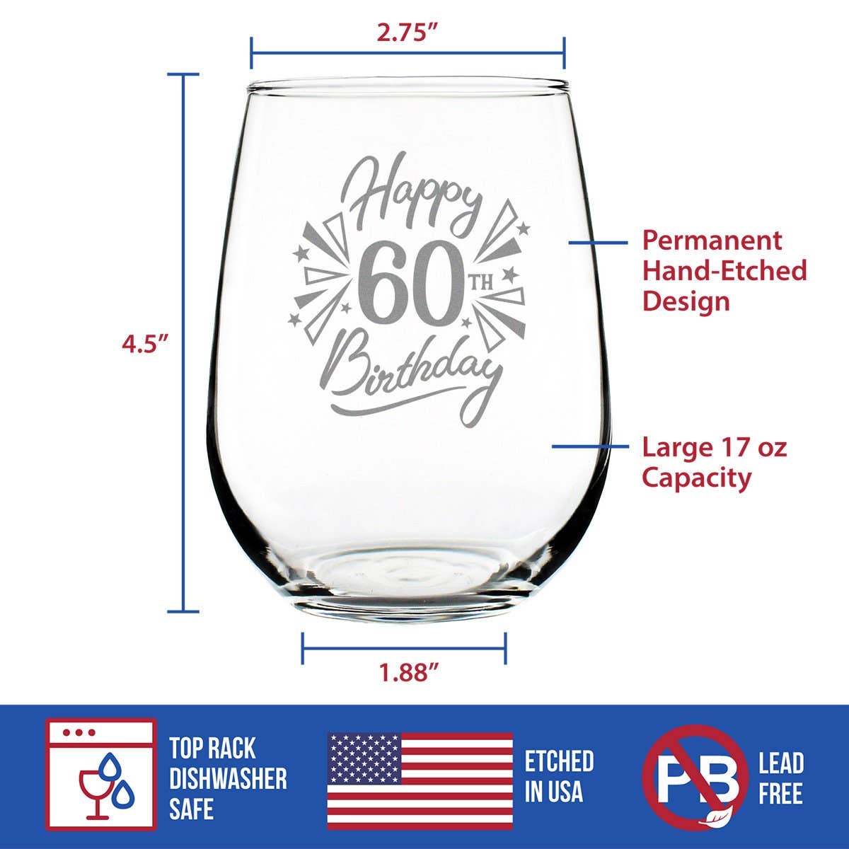 Confetti Birthday 60 Stemless Wine Glass
