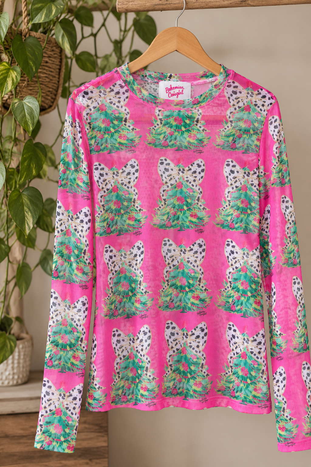 Xmas Tree Mesh Top Pink