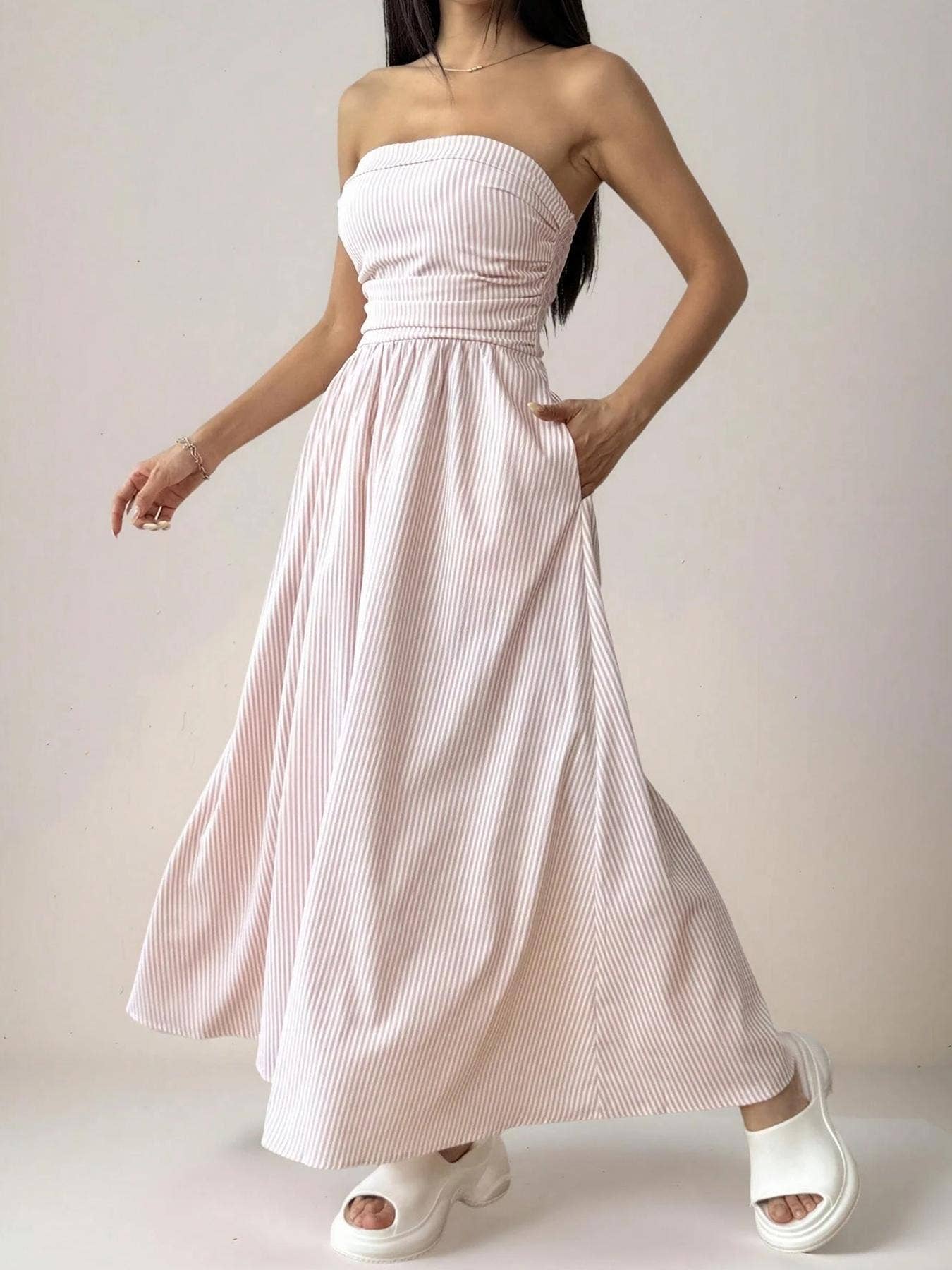 Effortless Vibe Pinstripe Strapless A-Line Skirt Maxi Dress