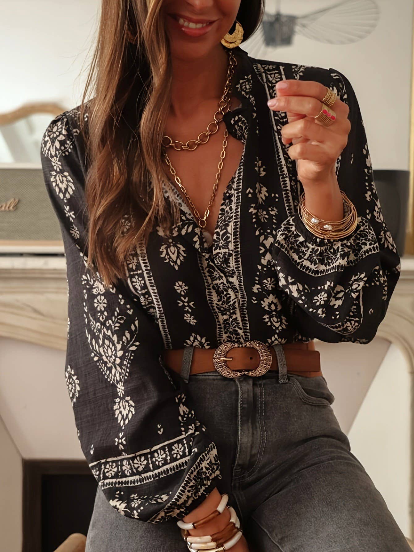 Retro Bohemian Floral Geometric Print Blouse