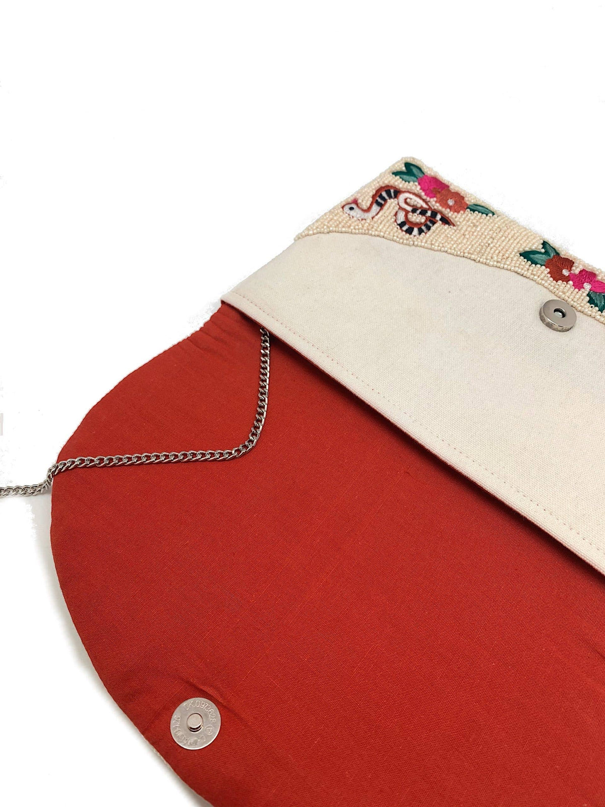 CREAM BEADED CLUTCH WITH FLORAL AND SNAKE EMBROIDERY