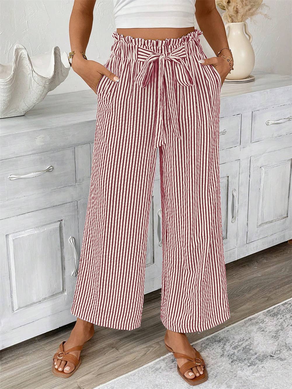 Ruffle Paperbag Slacks Striped Wide-Leg Pants