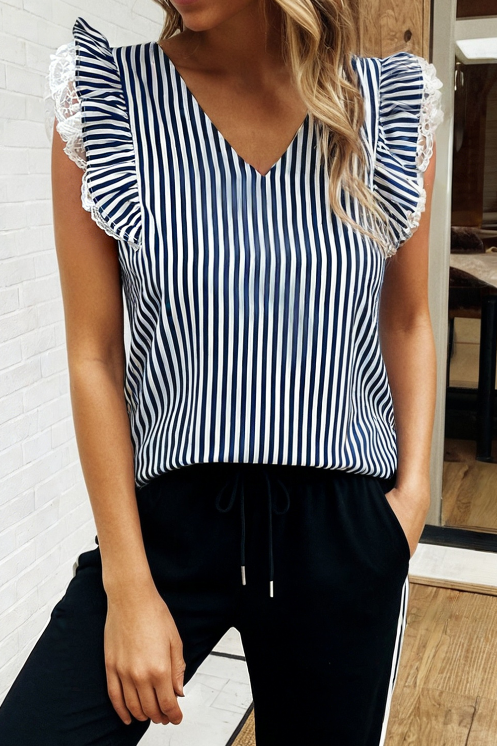 Stripe V Neck Lace Contrast Ruffle Tank Top