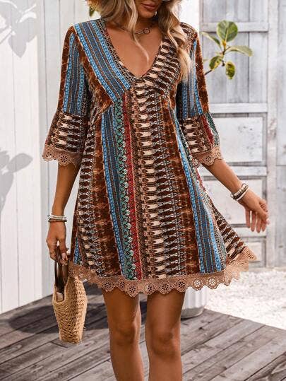Bohemian Chic V-Neck Striped Print Lace Trim Dress