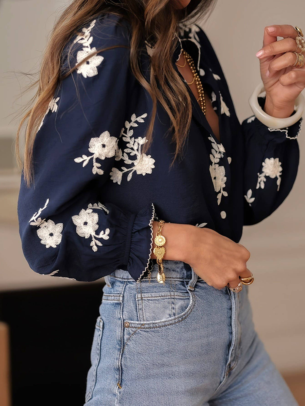 Boho Midnight Ecru Floral Ruffled Blouse