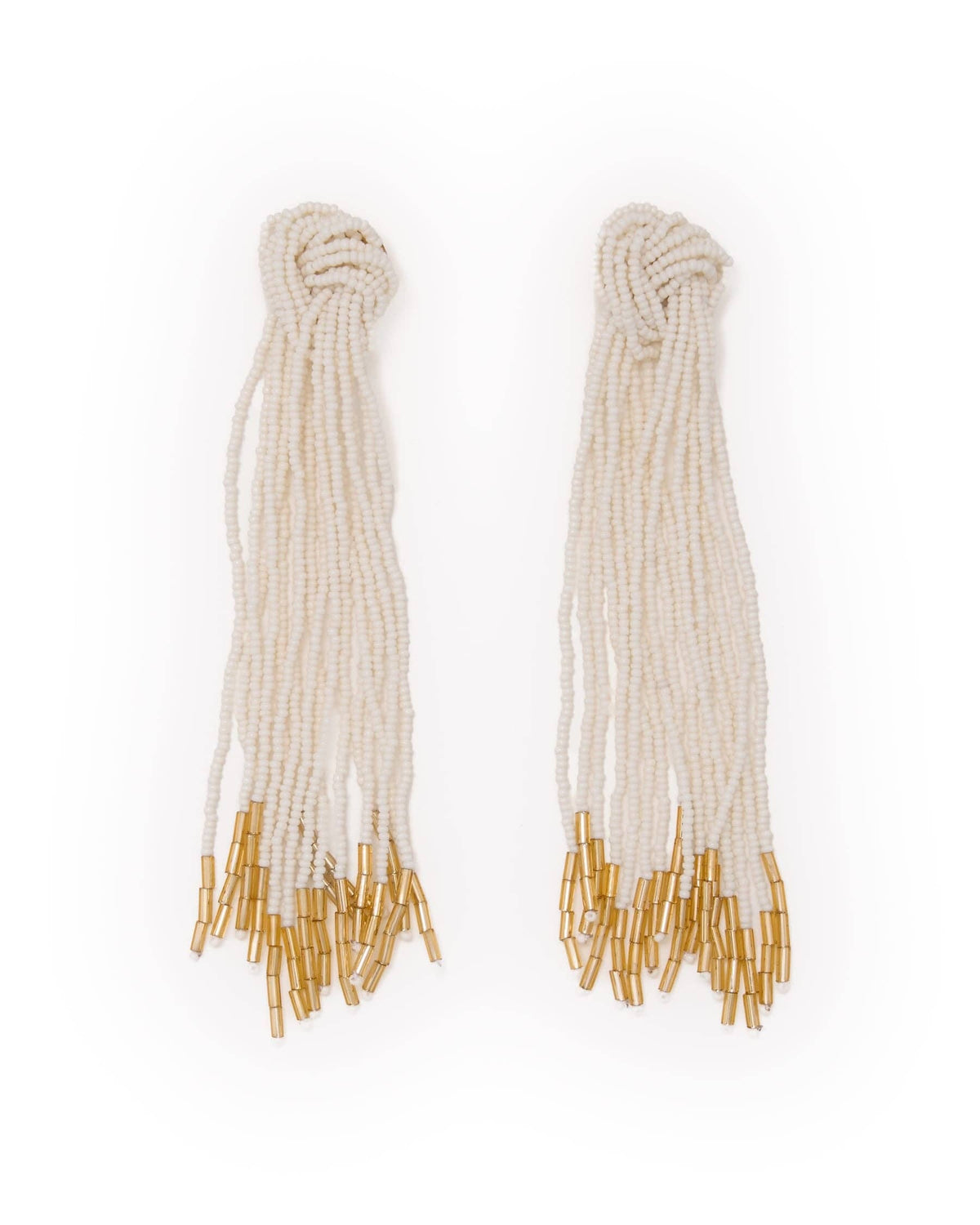 Angelica Tied Knot Beaded Fringe Earrings Ivory