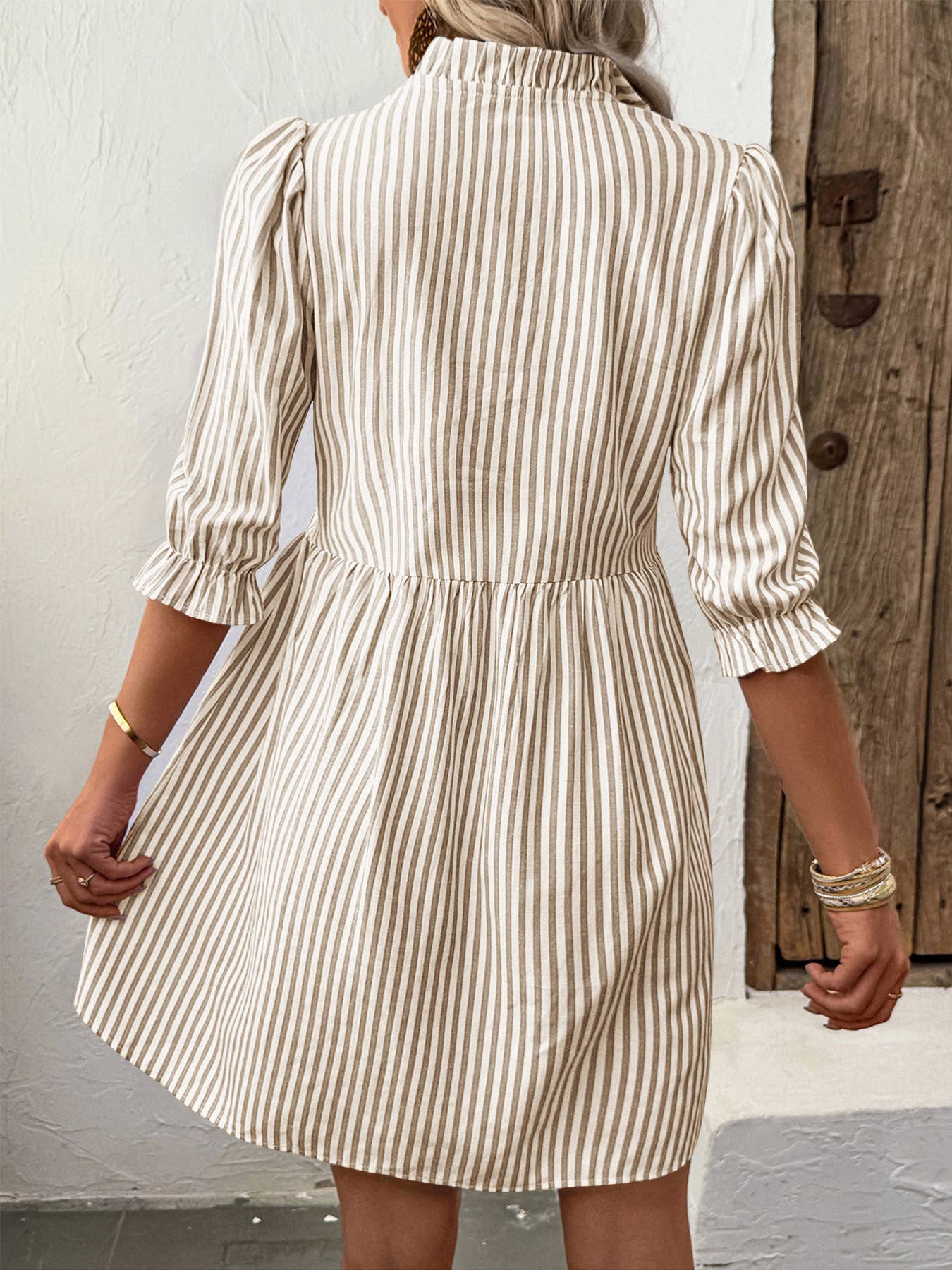 Puff-Sleeve Stand-Up Collar Striped Dress