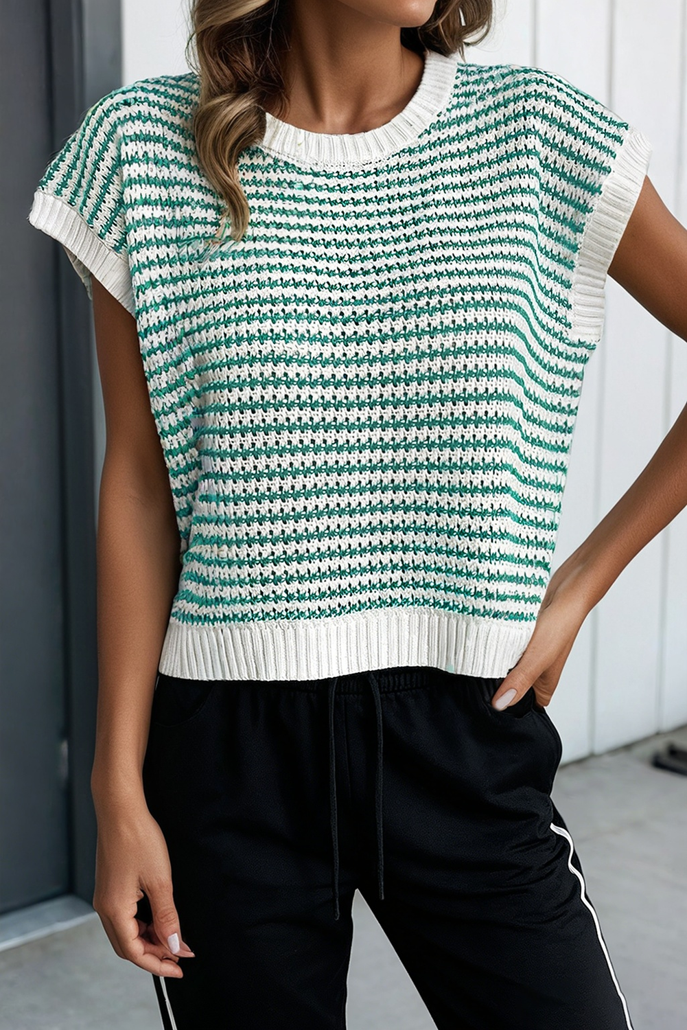 Stripe Ribbed Trim Loose Fit Knitted Sweater Vest