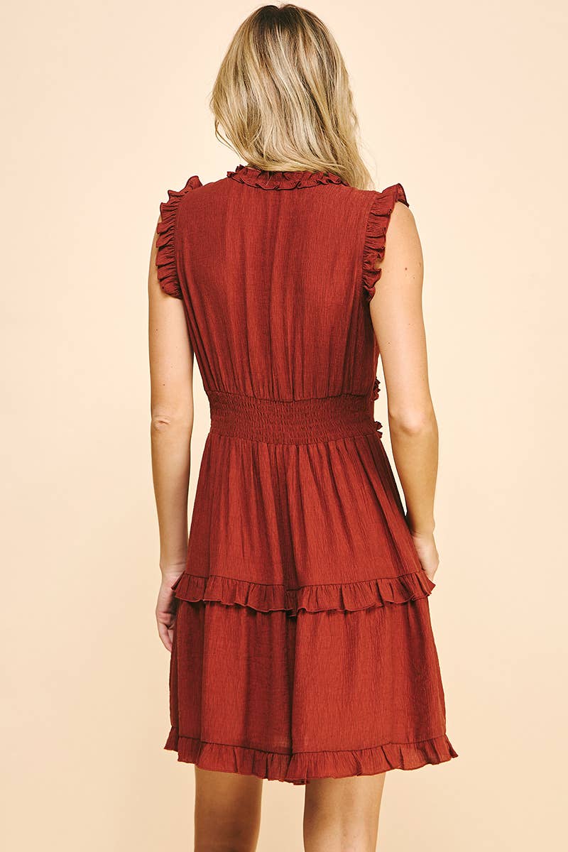 Sleeveless V Neck Ruffle Detail Dress