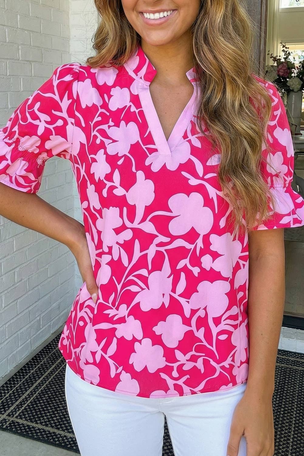 Floral Split V Neck Ruffled Blouse Top