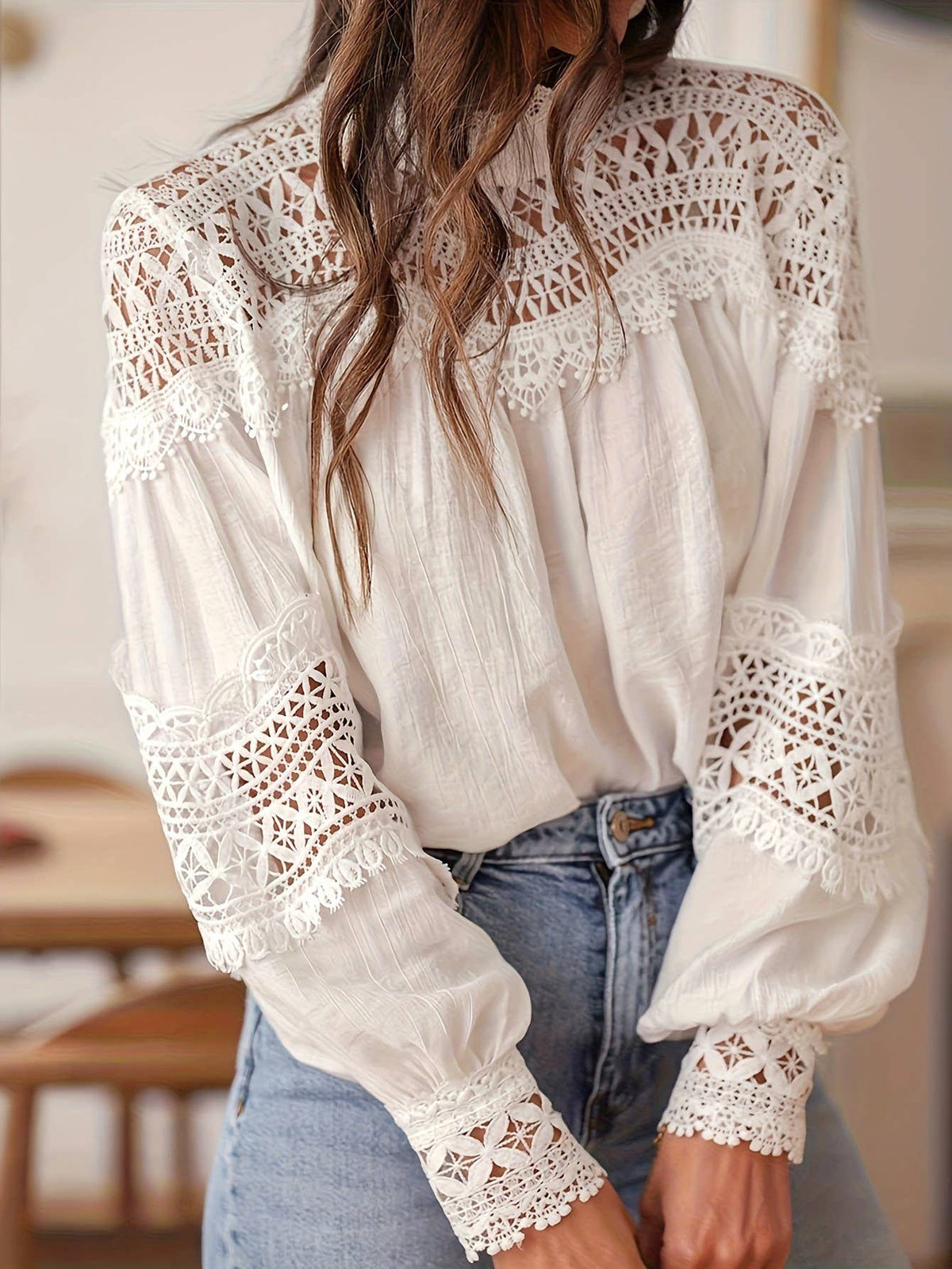 Lace Eyelet Crochet Flared Sleeve Blouse