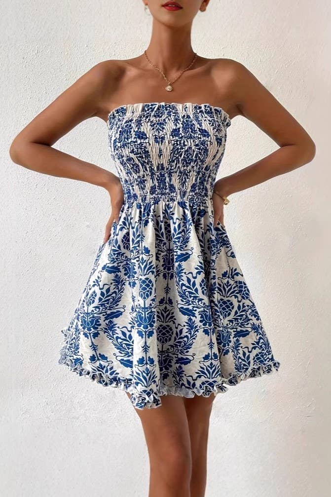 Vacation Paisley Floral Smocked Strapless Dress