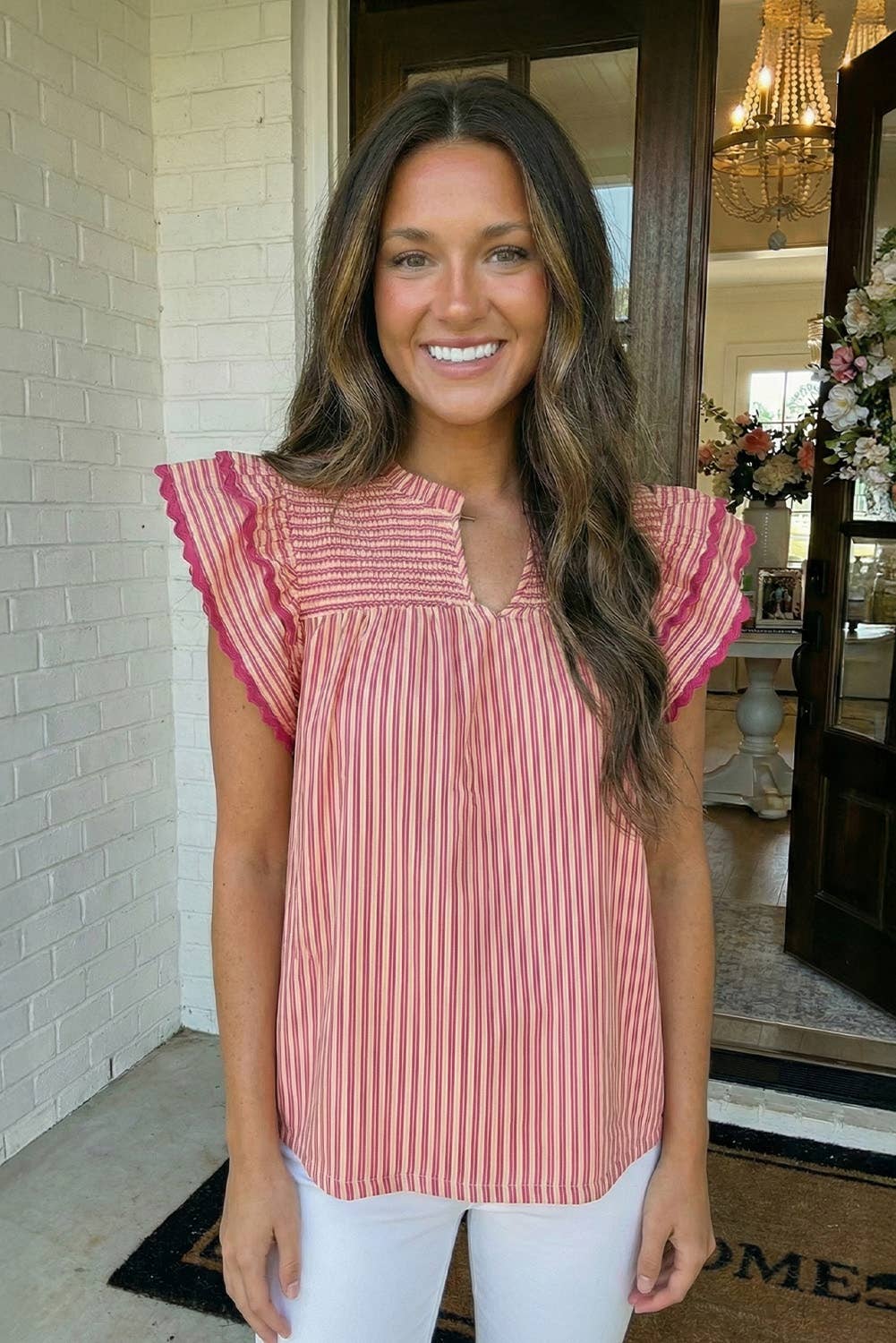 Stripe Shirred Yoke Ruffled Short Sleeve Blouse