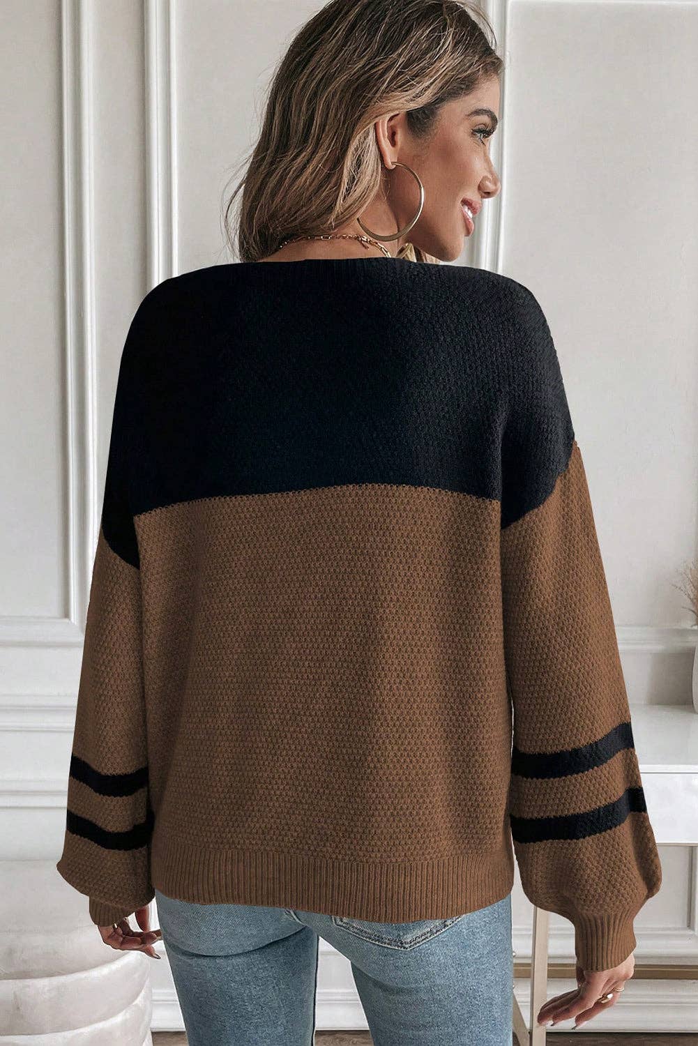 Color Block Knit Striped Sleeve Detail Casual Sweater