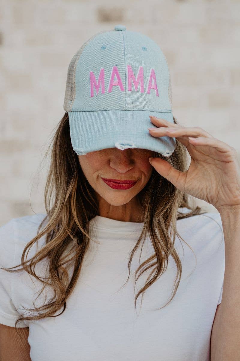 MAMA (Pink and White) Denim Trucker Hat