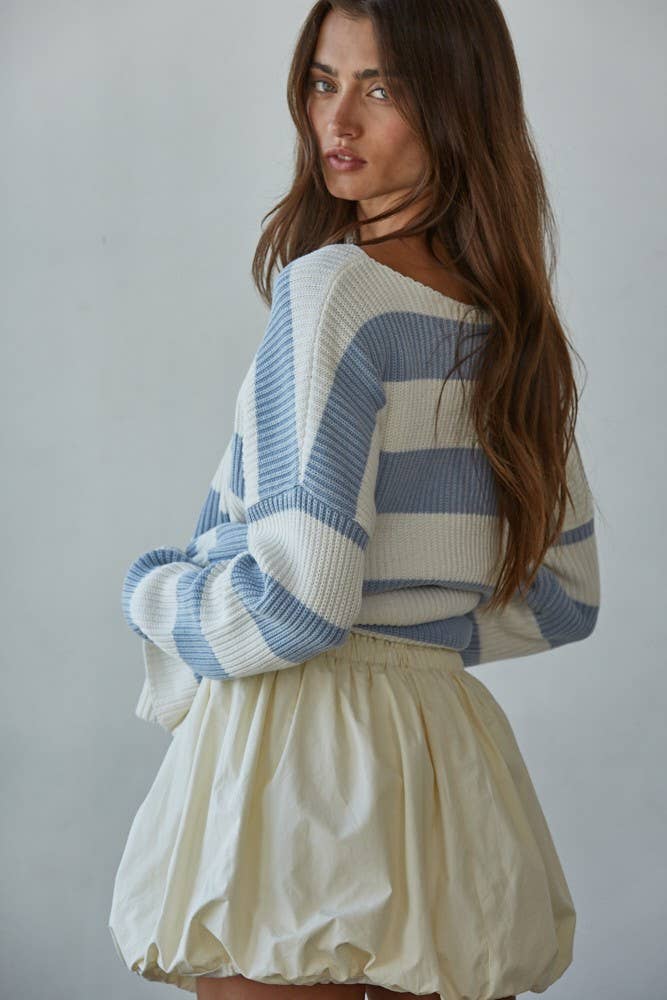 Knit Sweater Striped Cotton Boat Neck Long Sleeve