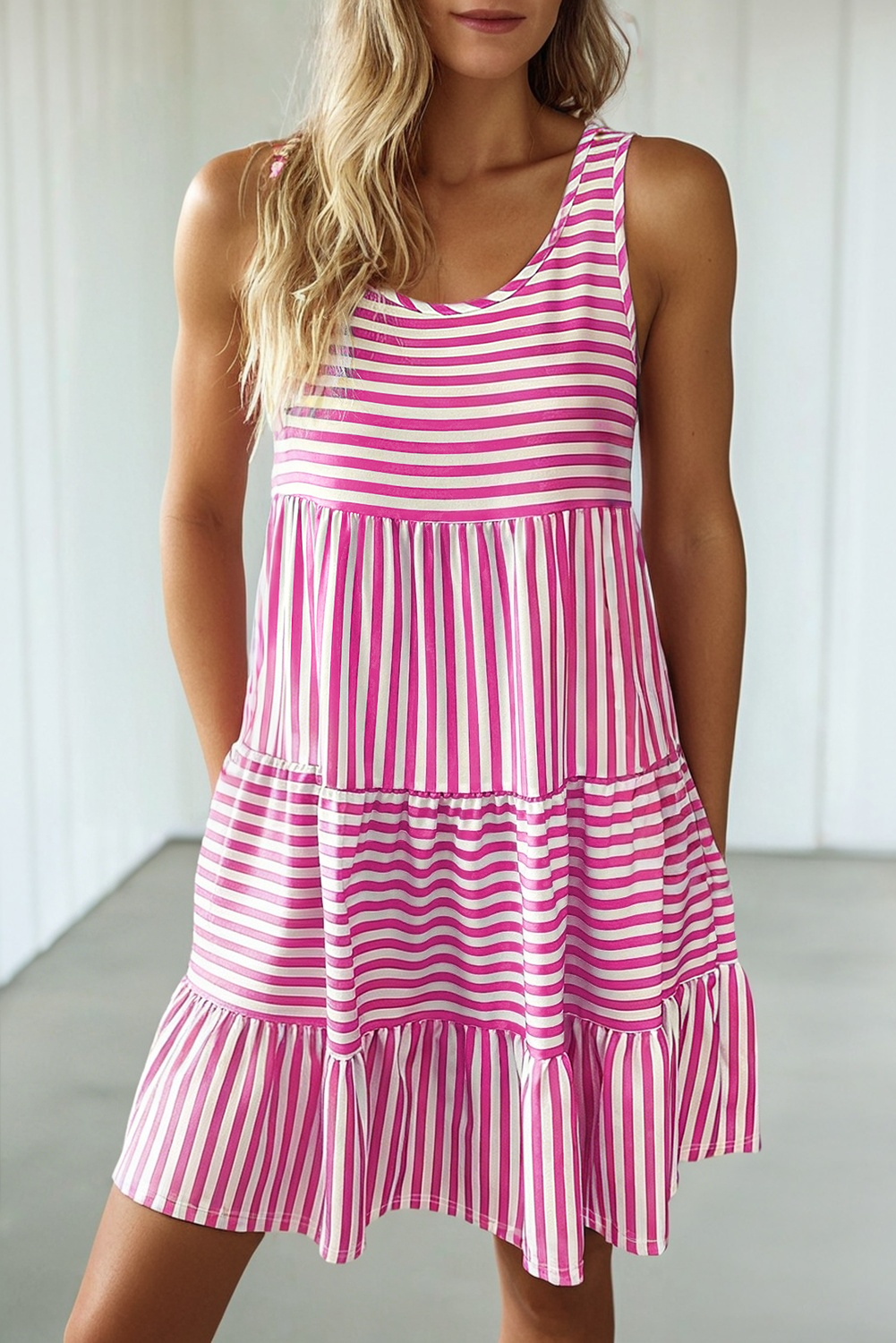 Stripe U Neck Sleeveless Loose Fit Mini Dress