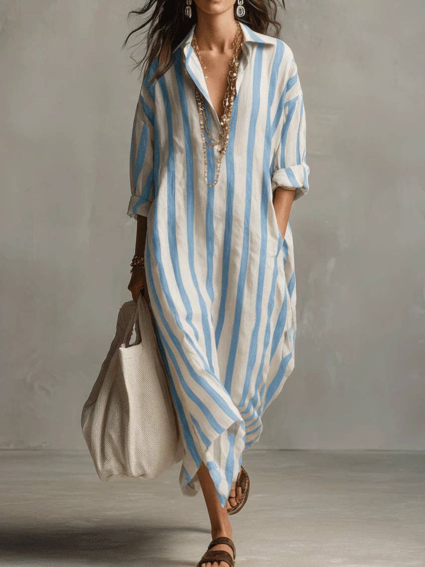 Fashionable Striped V-Neck Shirt Dress Casual Style
