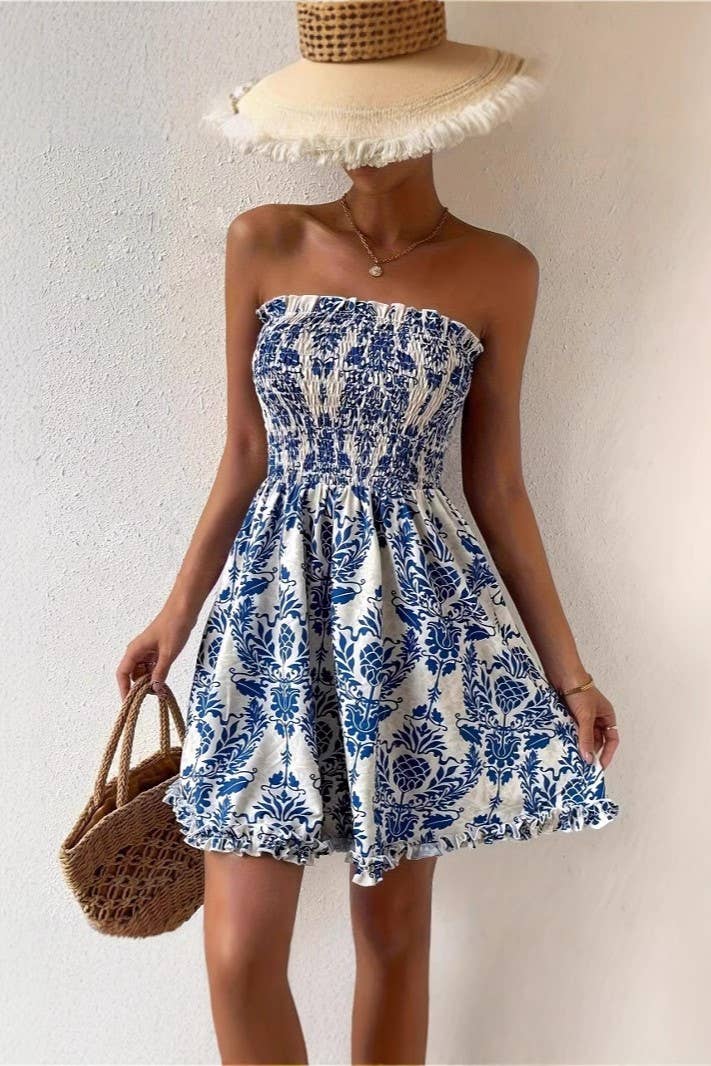 Vacation Paisley Floral Smocked Strapless Dress