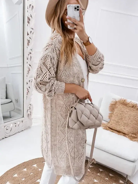 Khaki Openwork Long Knit Button Cardigan Sweater Layering