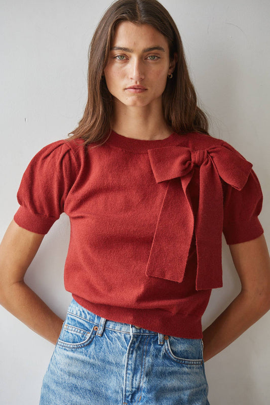 Knit Sweater Pullover With Shoulder Tie Bow Detail